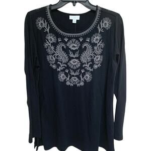 NWT J. Jill Embroidered Black Long Sleeve Top Size Medium